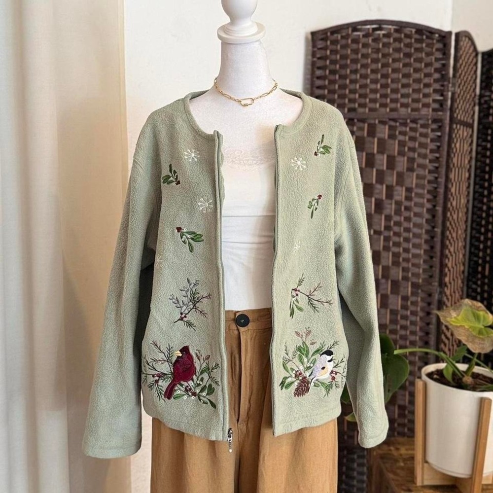 Croft & Barrow Women's Embroidered Birds Sweater Size PXL Granny Core Jacket